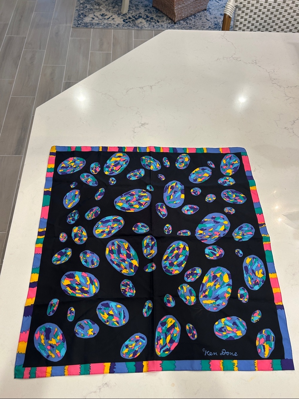 Ken Done Navy Multicolor Decorative Silk Scarf